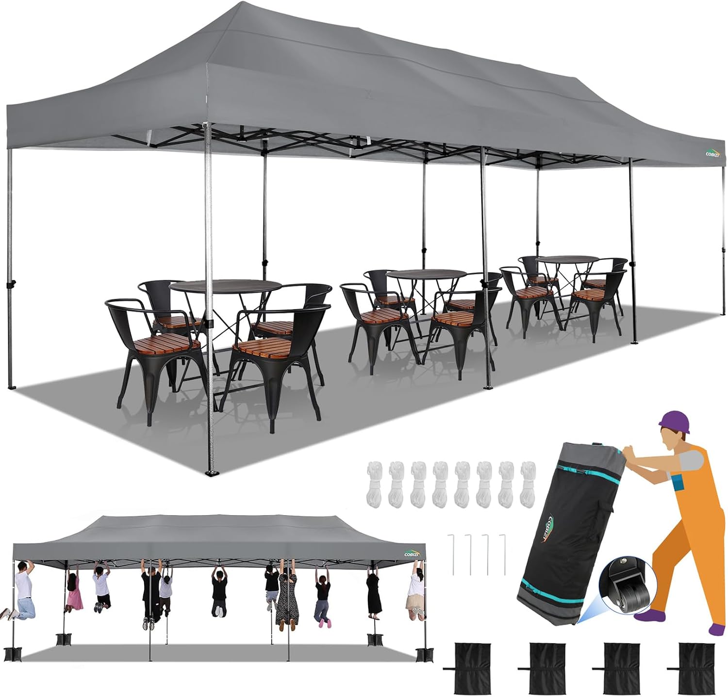 COBIZI 10x30 Heavy Duty Pop up Canopy Party Tent for Parties Weddings Events UPF 50+ Waterproof Commercial Gazebo with Roller Bag, Gray(Frame Thickened)