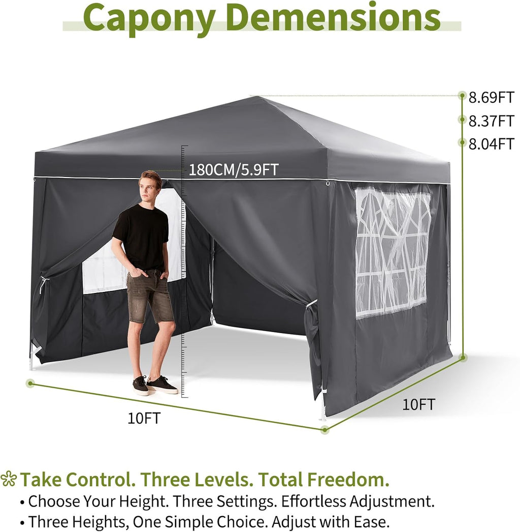 Garvee 10X10 Ft Instant Pop-Up Canopy Tent with 4 Sidewalls, Waterproof Portable Gazebo Shelter for Outdoor Camping, Beach, Backyard Parties & Events, Grey