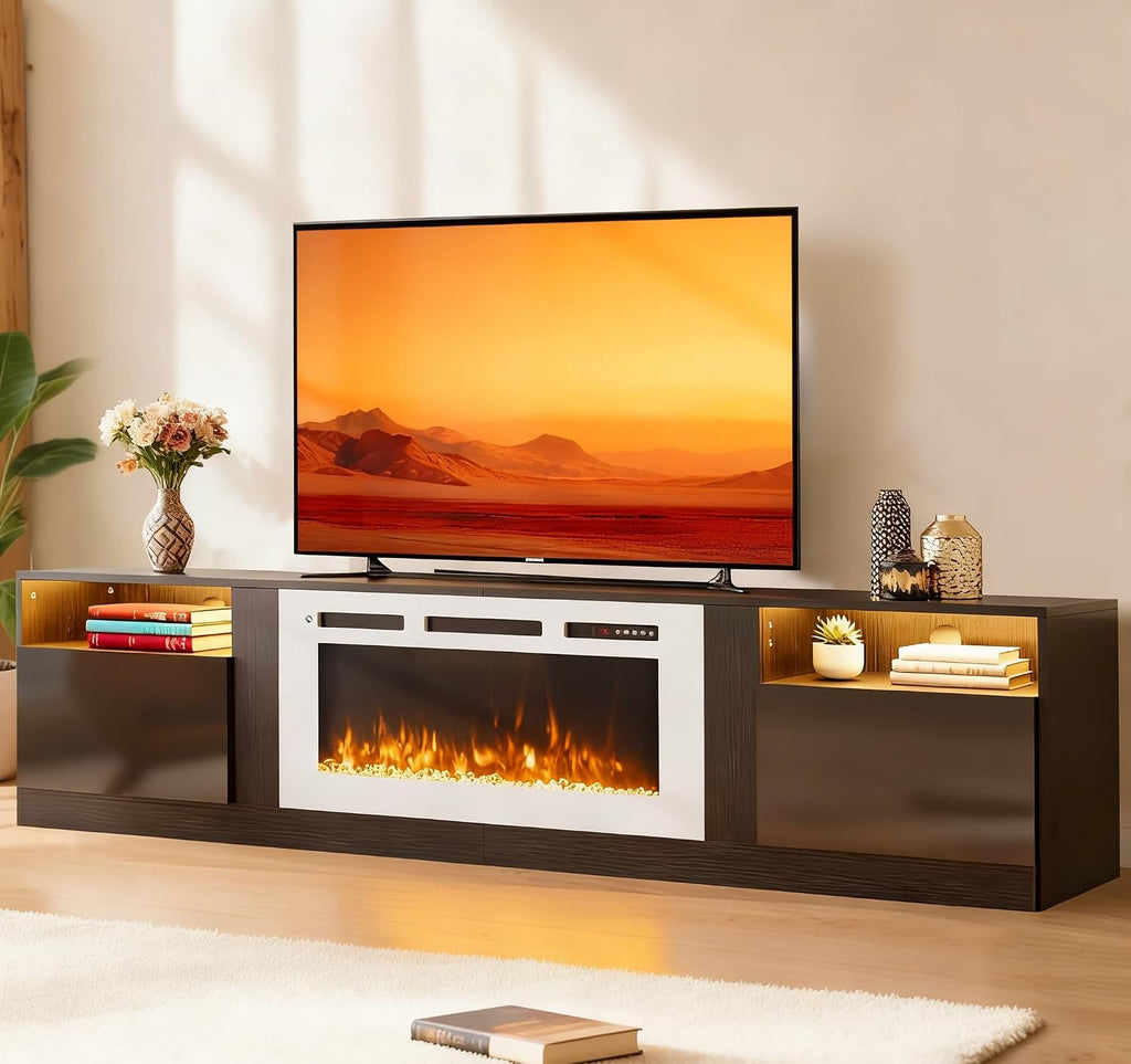 MXV 80' Fireplace TV Stand for TVs Up to 90', LED Light Entertainment Center with 36' Electric Fireplace, Modern Wood Texture TV Media Console with Highlight Storage Cabinet, Black-White