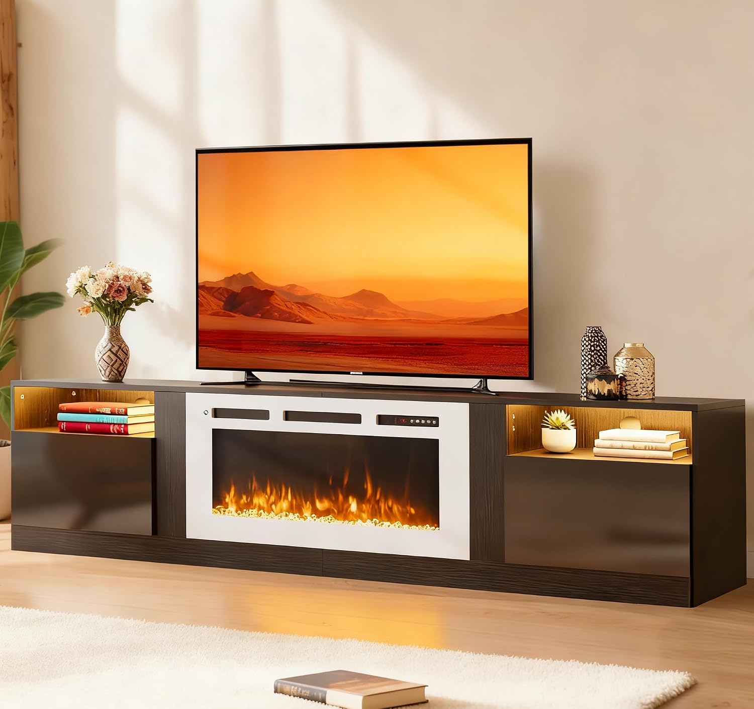 MXV 80' Fireplace TV Stand for TVs Up to 90', LED Light Entertainment Center with 36' Electric Fireplace, Modern Wood Texture TV Media Console with Highlight Storage Cabinet, Black-White