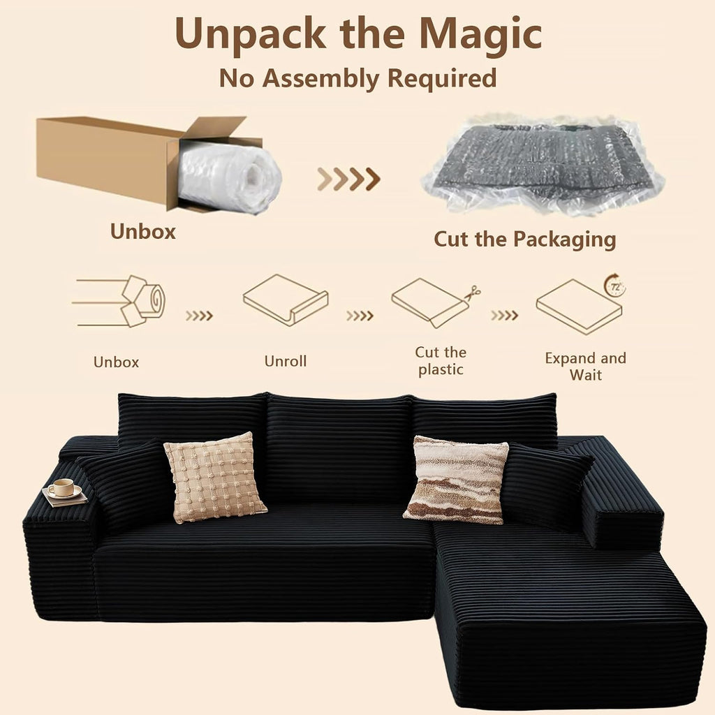 96' Modular Sectional Sofa, Modern Corduroy Cloud Couch with Deep Seat, Boneless Couch Upholstered 3-Seater L-Shaped Sofa for Living Room, No Assembly Required (Black, Right-Facing Chaise)