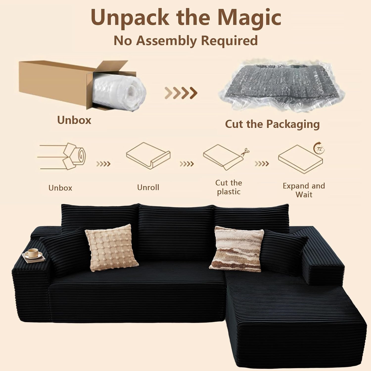 96' Modular Sectional Sofa, Modern Corduroy Cloud Couch with Deep Seat, Boneless Couch Upholstered 3-Seater L-Shaped Sofa for Living Room, No Assembly Required (Black, Right-Facing Chaise)