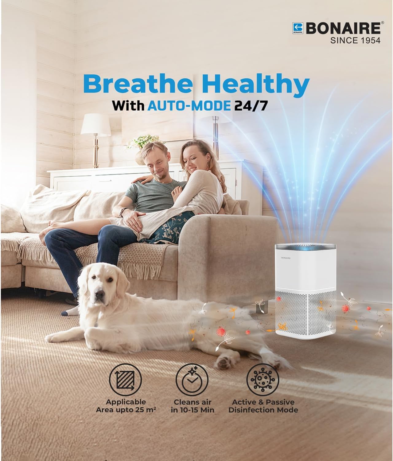 Bonaire Air Purifier for Home Allergies, Pets Hair In Bedroom upto 1380 ft², 3-in-1 HEPA13 Filter, Sleep, Auto Mode, PM2.5, WiFi, Remove Dust Smoke Hair Pollen Pollutants Odor, 27db Quiet, White, A4S