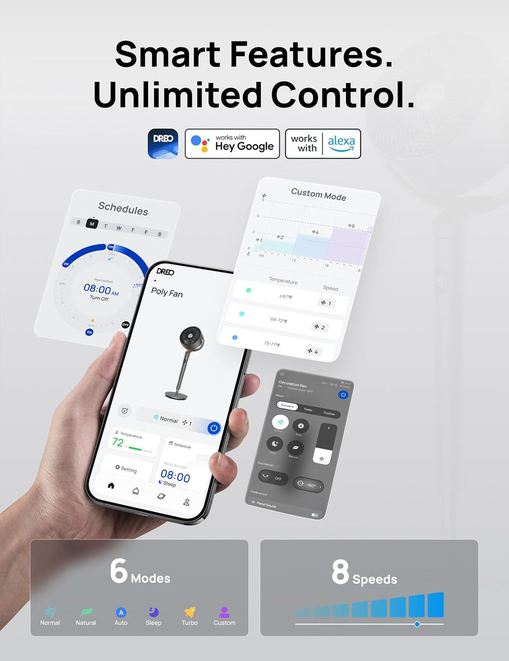 Dreo Fan for Bedroom, 120°+105° Omni-directional Oscillating Standing Fan, DC Motor, Quiet Pedestal Fans, 8 Speeds, 6 modes, 25dB, 43'' Air Circulator for Whole Room, Adjustable Height, Smart Control