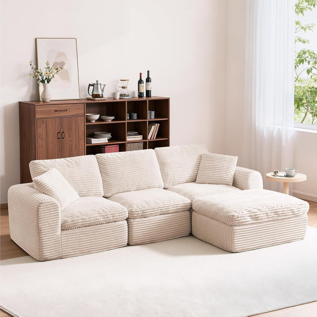 108' Modular Sectional Sofa Couches L Shaped Couch 3 Seater Cloud Sofa Memory Foam Sectional Couches for Living Room, Boneless Couch with Ottoman, Corduroy, Beige