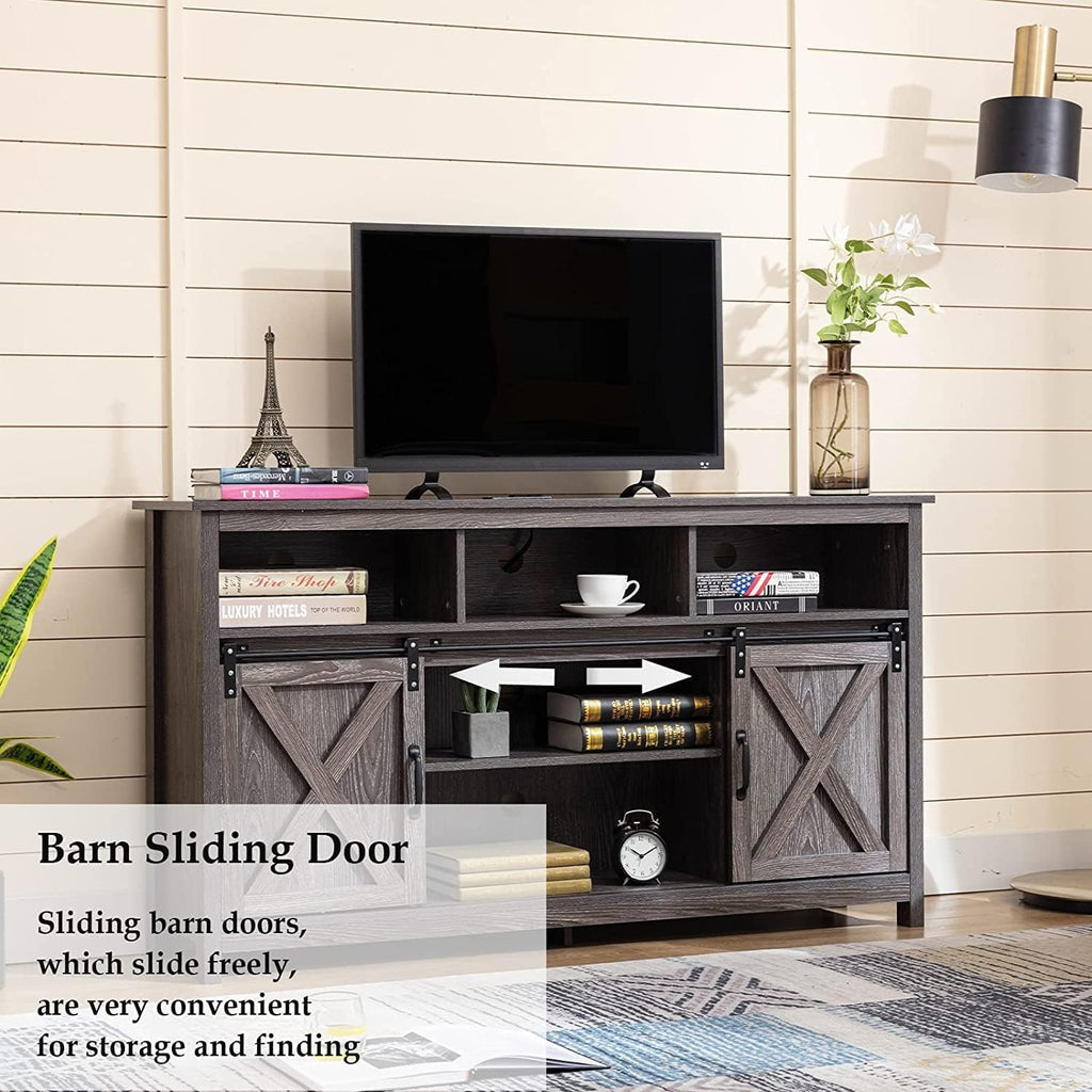 Vinctik 6&Fox 57In Wooden Farmhouse Entertainment Center for 60/65 inch TV,Double Layer Storage Farmhouse TV Stand,Double-Row Sockets with Wood Sliding Barn Door TV Stand(Double Layer Grey Wash)