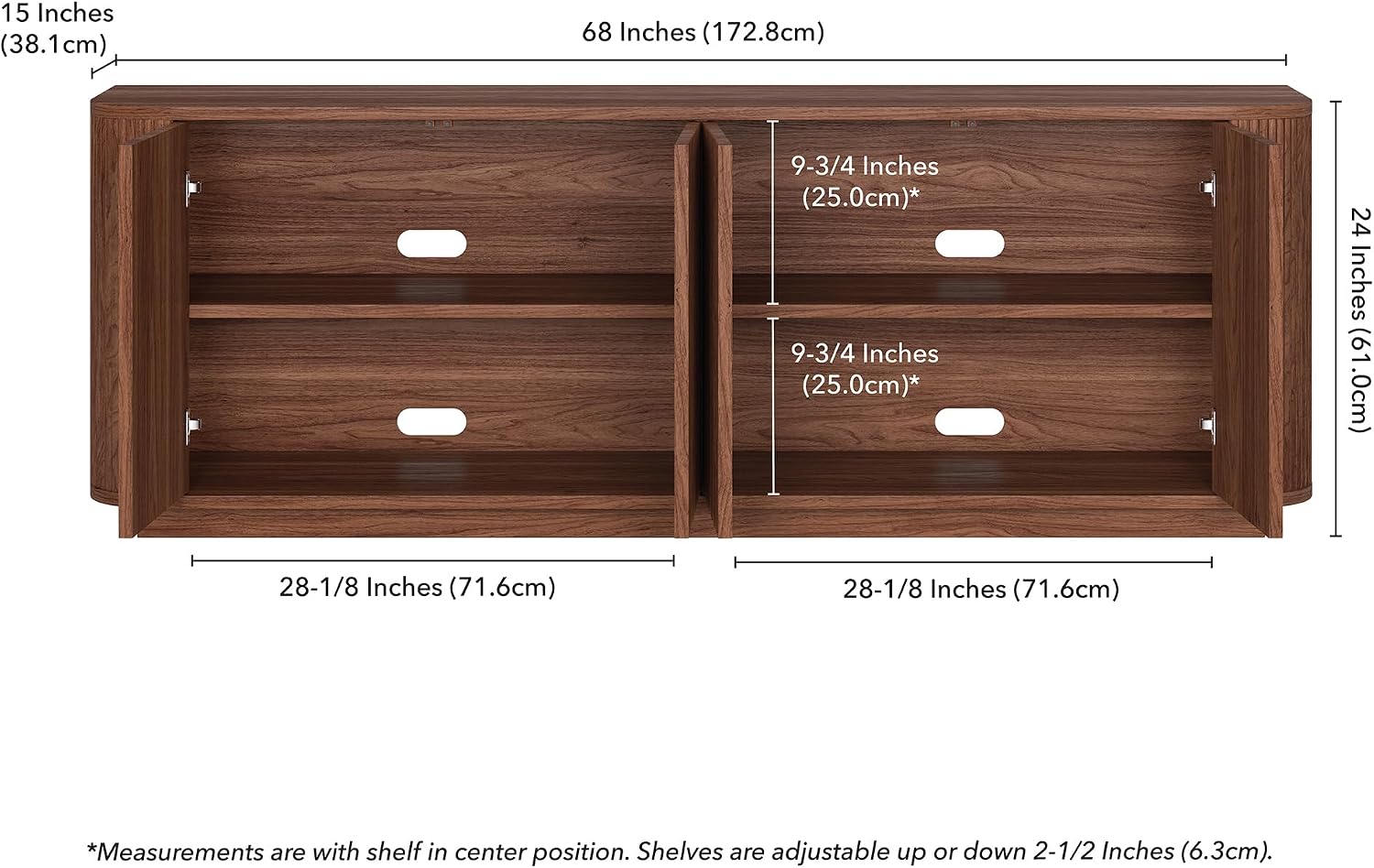Henn&Hart TV Stand for TVs up to 75'' with 2 Ribbed Storage Cabinets with an Adjustable Shelf for Living Room, Family Room, or Office, Medium Walnut