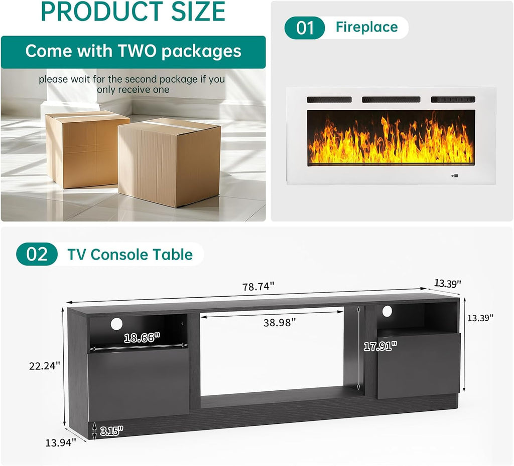 MXV 80' Fireplace TV Stand for TVs Up to 90', LED Light Entertainment Center with 36' Electric Fireplace, Modern Wood Texture TV Media Console with Highlight Storage Cabinet, Black-White