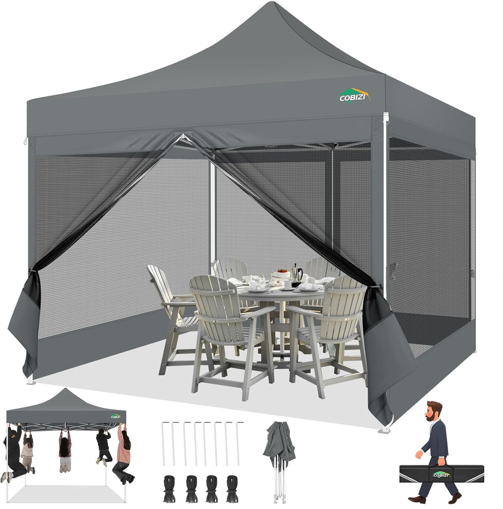 COBIZI 10x10 Canopy Tent with 4 Sidewalls,Heavy Duty Pop up Canopy with Mosquito Netting,Easy up Screen Tent for Parties Wedding Outdoor Camping with Handbag,Gray