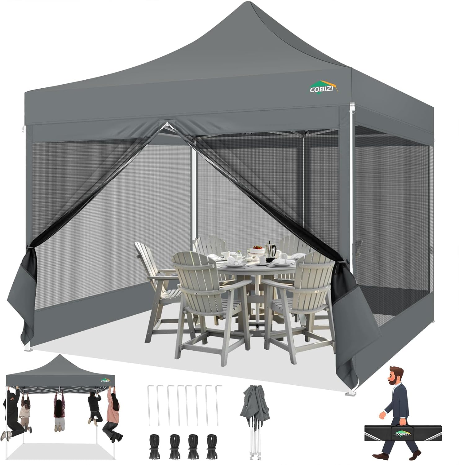 COBIZI 10x10 Canopy Tent with 4 Sidewalls,Heavy Duty Pop up Canopy with Mosquito Netting,Easy up Screen Tent for Parties Wedding Outdoor Camping with Handbag,Gray