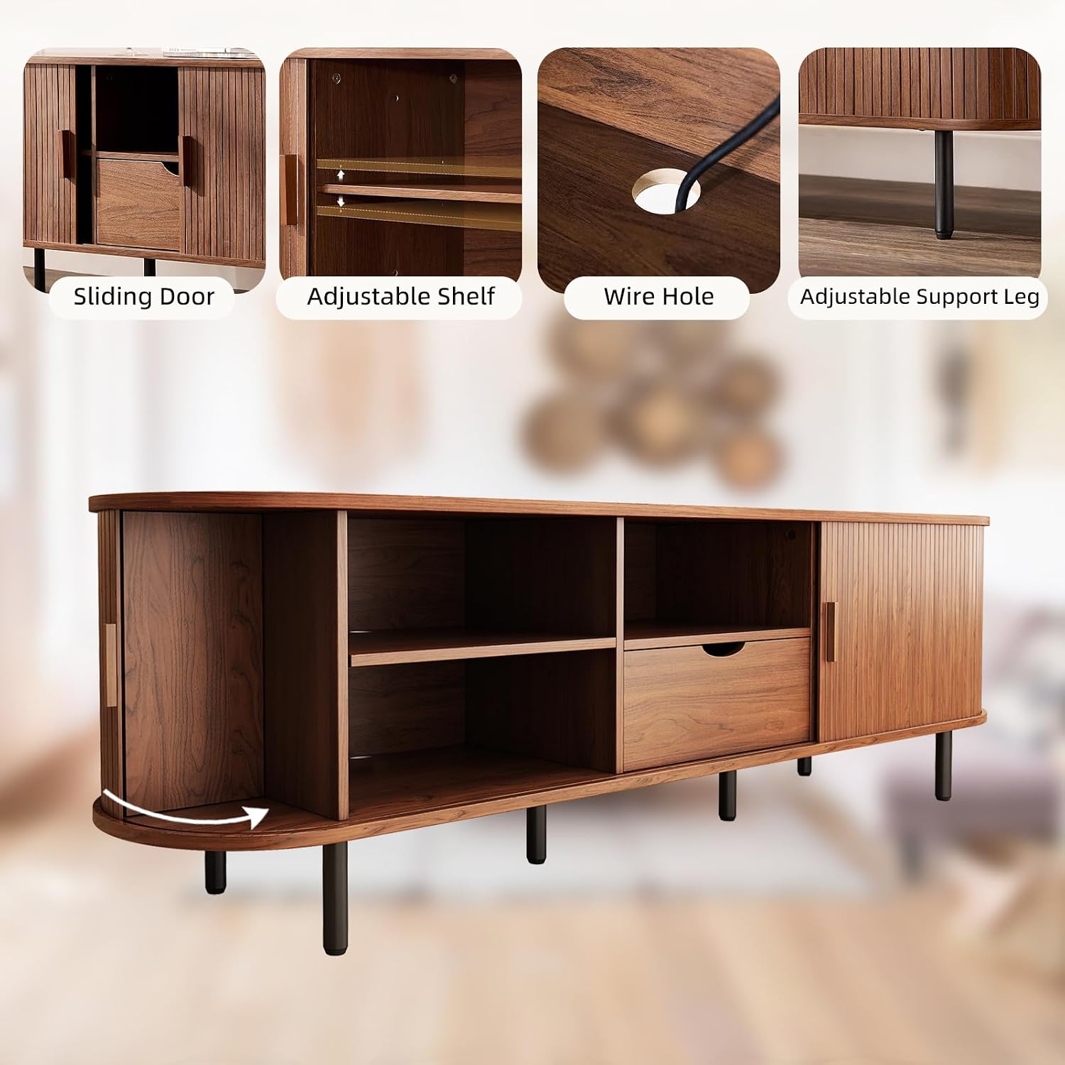 69' Mid-Century TV Stand with Power Outlet, Fluted Entertainment Center with Storage Drawer, TV Console with Sliding Door and Adjustable Shelves, TV Stand up to 80' for Living Room, Bedroom, Walnut