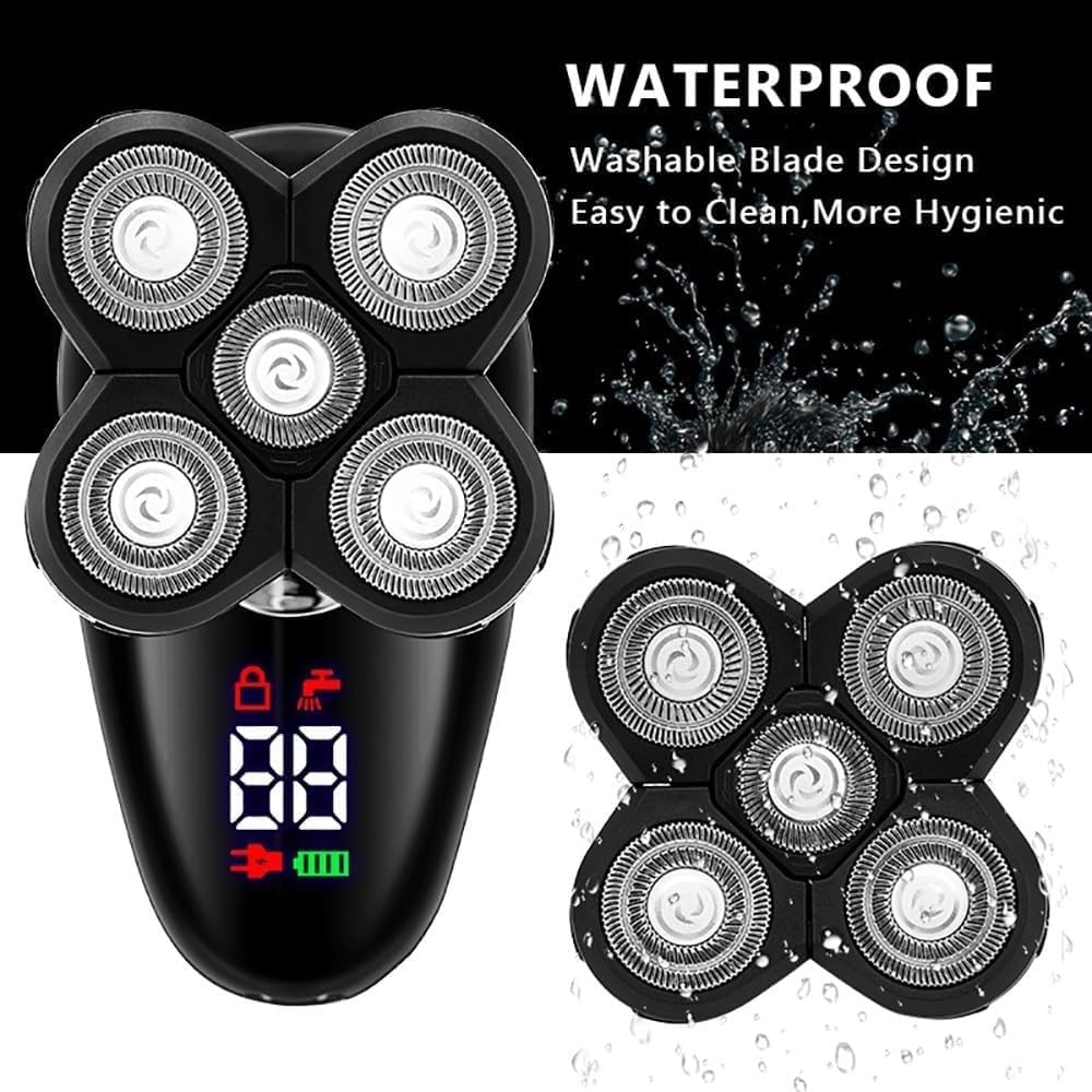 Electric Shavers for Bald Men, 5 in 1 Electric Razor for Men Bald Head Shaver LED Display Nose Hair Beard Trimmer Clippers Facial Cleansing Brush USB Rechargeable