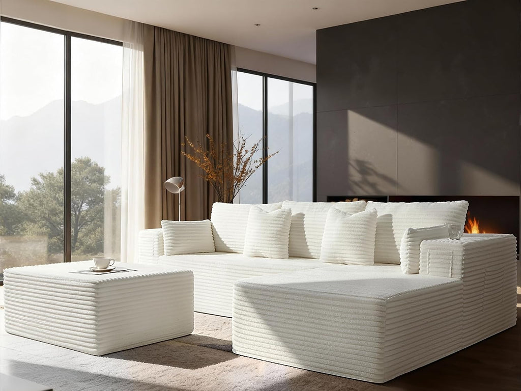 108' Cloud Sectional Couch, Comfort U Shaped Boneless Couch for Living Room, Extra Deep Seats No Assembly, Minimalist Modular Sofa, Corduroy (Cream, 2 Seater+Right Facing Chaise+Ottoman)
