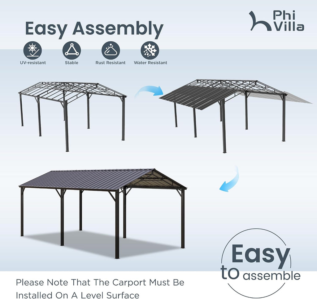 PHI VILLA 10x20 ft Carport, Metal Carports Canopy Heavy Duty Car Port Portable Garage with Galvanized Steel Roof Multi-Use Shelter, Sturdy Outdoor Car Ports for Cars, Boats and Tractors