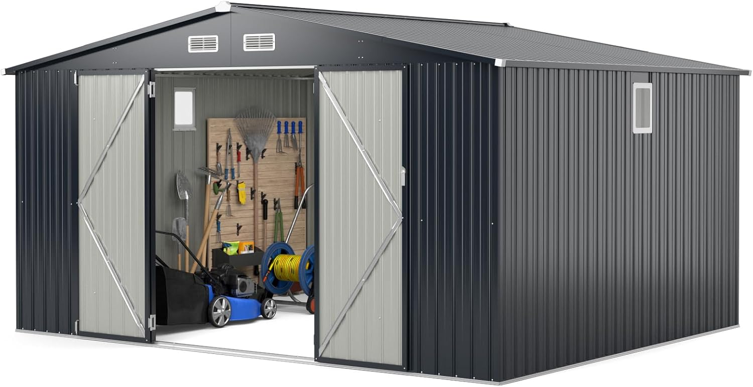 Goplus 12 x 9.8 FT Outdoor Storage Shed, All-Weather & Rustproof Galvanized Metal Utility Tool Shed w/Lockable Door, Pitched Roof, Windows, Backyard Lawn Garden Storage House for Bike Tool Lawnmower