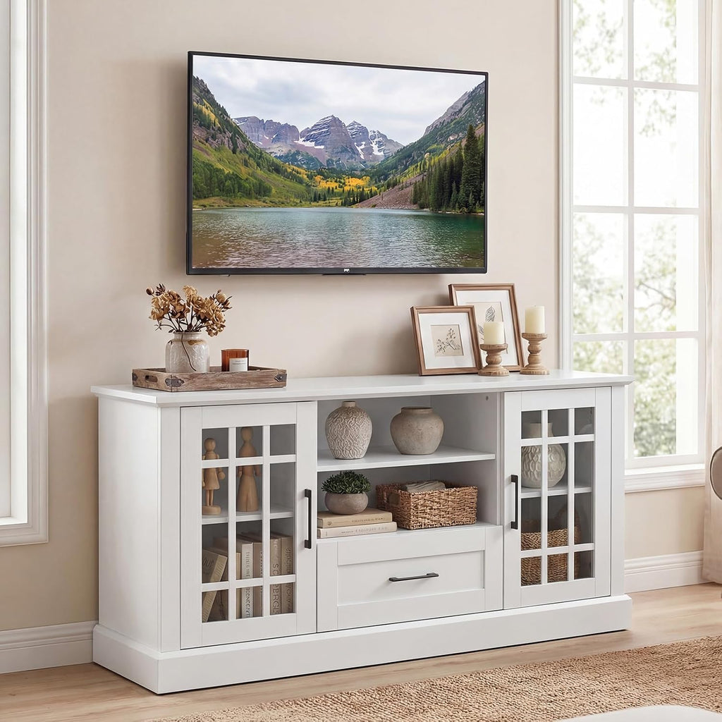 Tangkula Farmhouse TV Stand for TV up to 65 70 Inches, Tall Media Console Table with 2 Glass Storage Cabinets, 1 Drawer & 2 Open Shelves, Wooden Entertainment Center for Living Room (White)