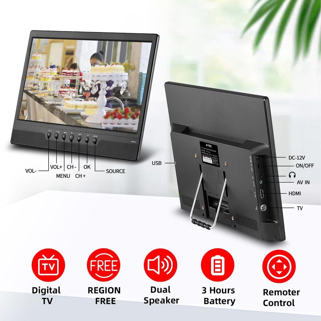 Othoig14'' Portable TV,Small TV with Batterys-HDMI,USB,AV Slot and 1 Antenna,Remote Control,12 Volt car Cable/AC for RV car/Camping/Kitchen