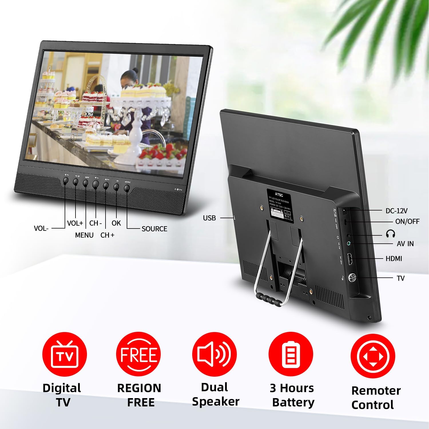 Othoig14'' Portable TV,Small TV with Batterys-HDMI,USB,AV Slot and 1 Antenna,Remote Control,12 Volt car Cable/AC for RV car/Camping/Kitchen