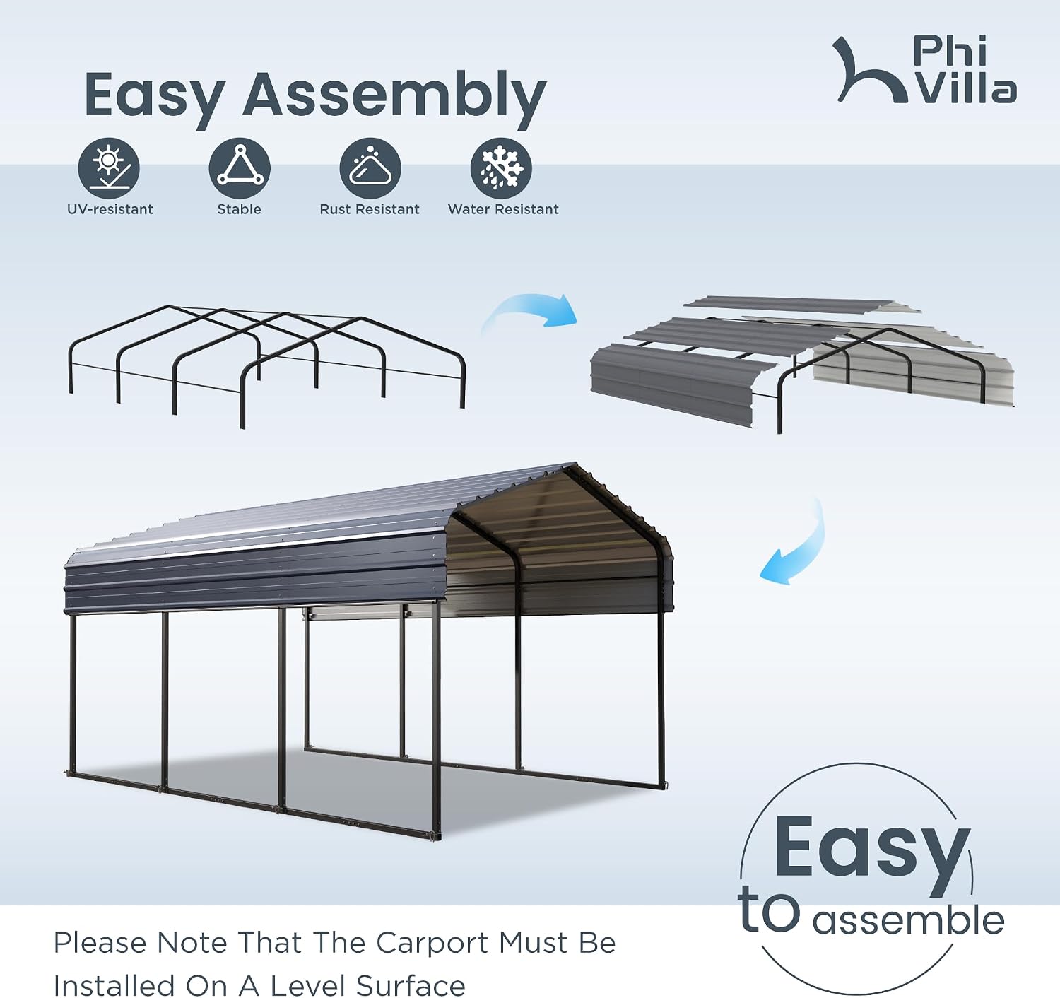 PHI VILLA 10x15 ft Carport, Metal Carports Canopy with Sidewalls Heavy Duty Car Port Portable Garage with Galvanized Steel Roof Multi-Use Shelter, Sturdy Car Ports for Cars, Boats and Tractors