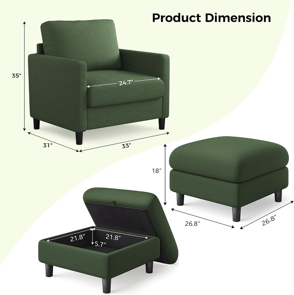 Welzona Sofa Accent Chair with Ottoman, 33' Reading Chair and Ottoman Set for Bedroom, Tool-Free Setup Living Room Accent Chairs, Comfy Arm Chairs Living Room, All-Wood Reading Nook, Green