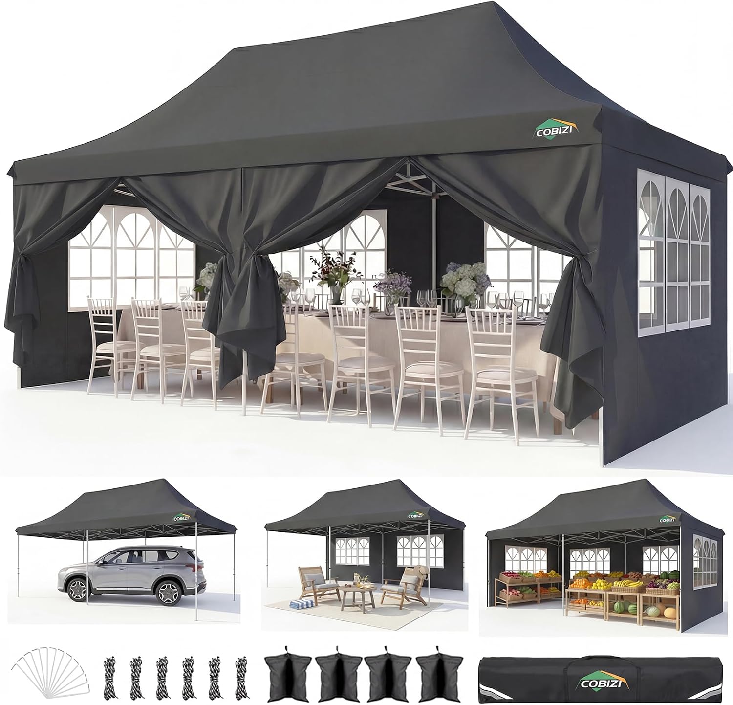COBIZI 10x20 Pop Up Canopy with 6 Sidewalls, Conical Canopy Tents for Parties, Backyard, Commercial, Waterproof Event Tent Instant Shelter UV50+ Outdoor Gazebo with 4 Sandbags (Peak Drainage)