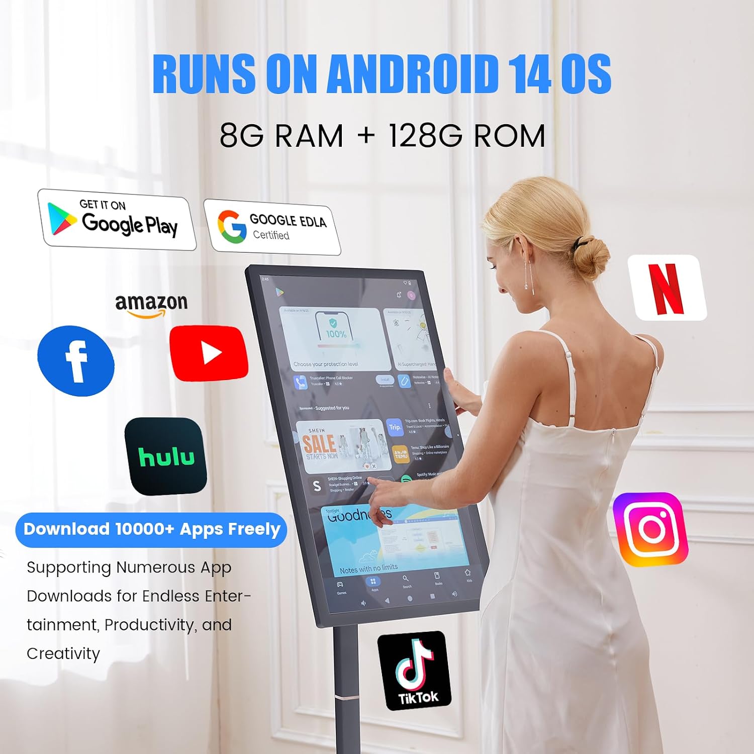 32 Inch Smart Portable TV on Wheels,FHD Touch-Screen-Monitor,Wireless RollableTV, 8G RAM,128G Storage,Built-in 6-8H Battery,Android 14,Full Swivel Rotation,Remote Control (Grey)