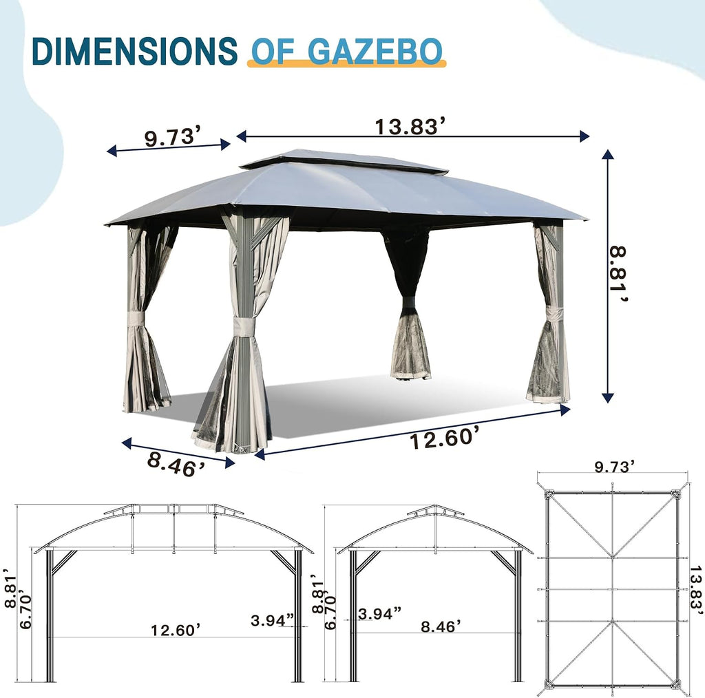 Domi 10'x14' Gazebo with Double Roof Soft Top, Patio Gazebo Canopy Tent, Upgraded 4'' Metal Frame for Deck Backyard Garden Lawns Gray