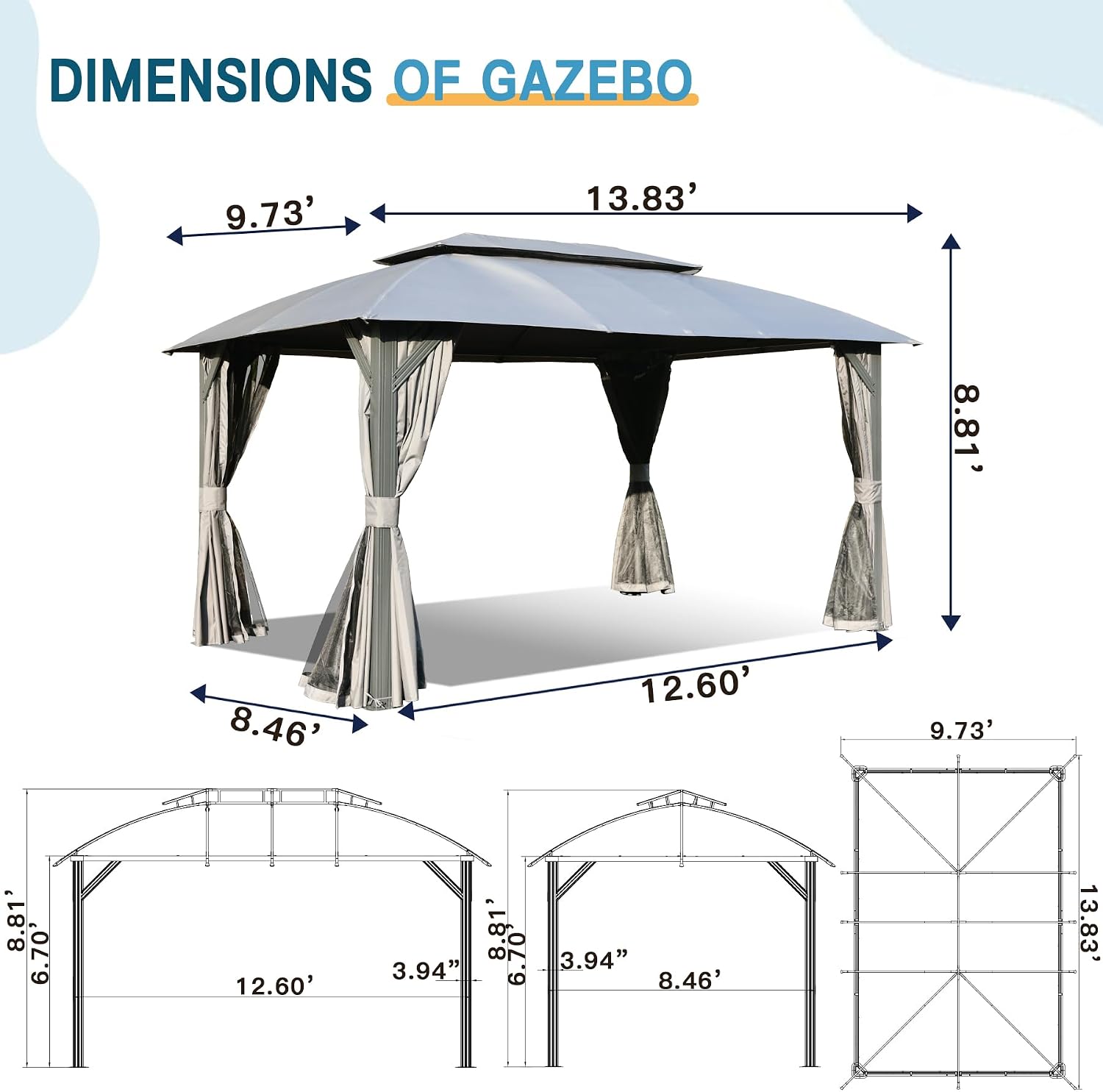 Domi 10'x14' Gazebo with Double Roof Soft Top, Patio Gazebo Canopy Tent, Upgraded 4'' Metal Frame for Deck Backyard Garden Lawns Gray