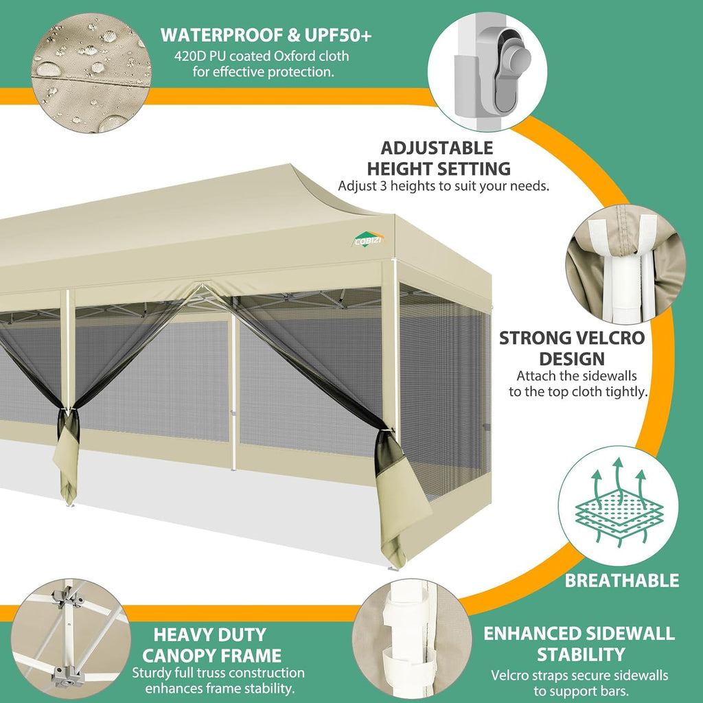 COBIZI 10x30 Pop Up Canopy with Sidewalls, Heavy Duty Canopy with Mosquito Netting, Easy up Screen Party Tents for Parties Backyard Outdoor Commercial Event Gazebo with Roller Bag, Sandbags, Khaki
