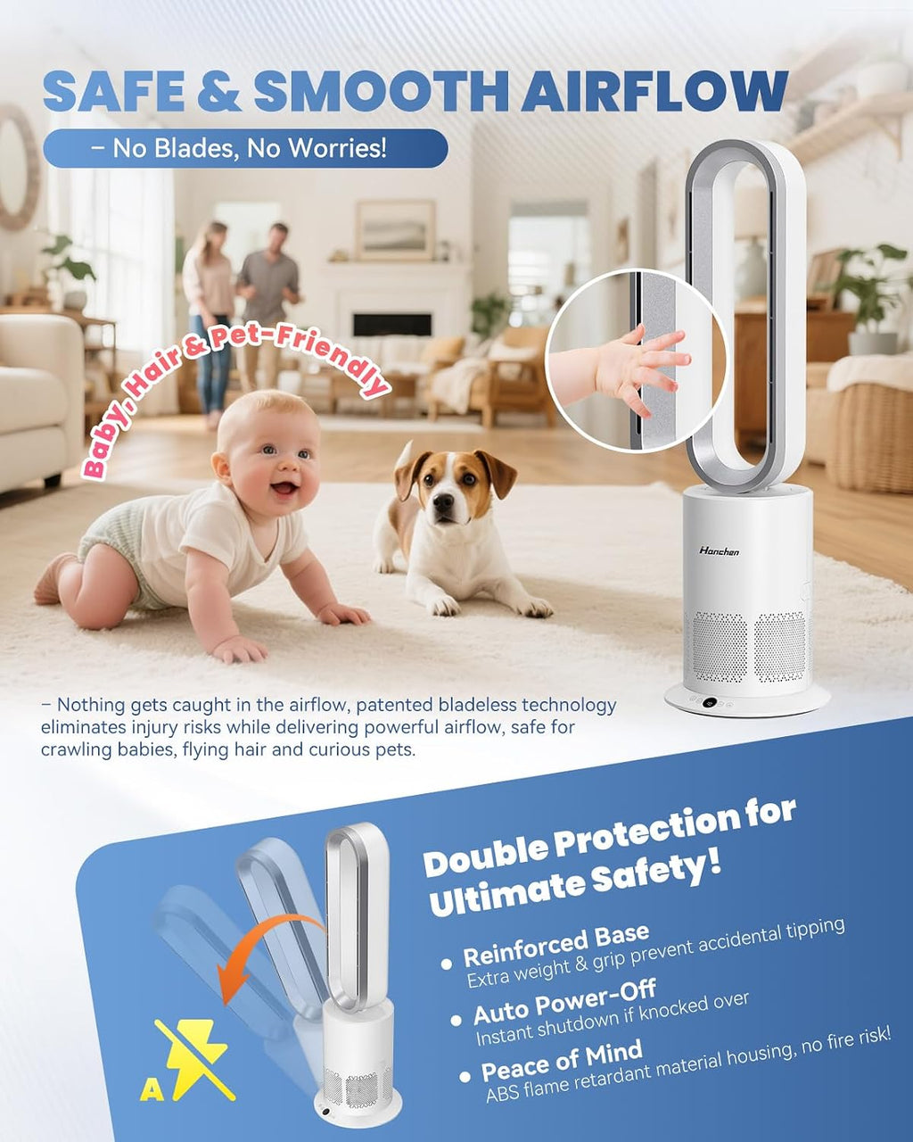 Hanchen Dual-Tech Bladeless Tower HEPA Fan, Ultra-Quiet 3-in-1 Cooling, Heating & Air Purifier | UL Listed PTC Ceramic Fast Heat, Auto Shutoff, Sturdy Base for Home, Office & Bedroom