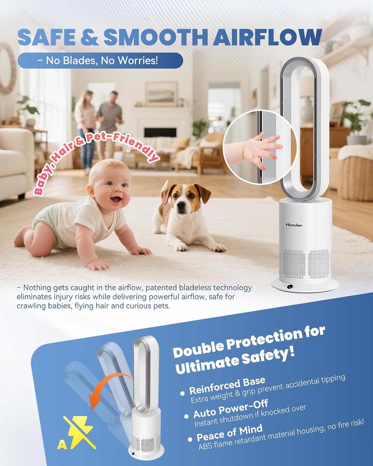 Hanchen Dual-Tech Bladeless Tower HEPA Fan, Ultra-Quiet 3-in-1 Cooling, Heating & Air Purifier | UL Listed PTC Ceramic Fast Heat, Auto Shutoff, Sturdy Base for Home, Office & Bedroom