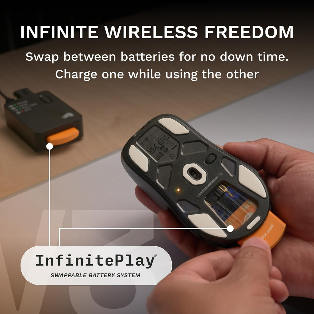 GLORIOUS Gaming Model O3 Wireless Gaming Mouse - InfinitePlay Swappable Battery, 130H Battery Life, 8k Polling, 130M Optical Switches, Ultralight 66g, 30K DPI Optical Sensor, RGB - Black