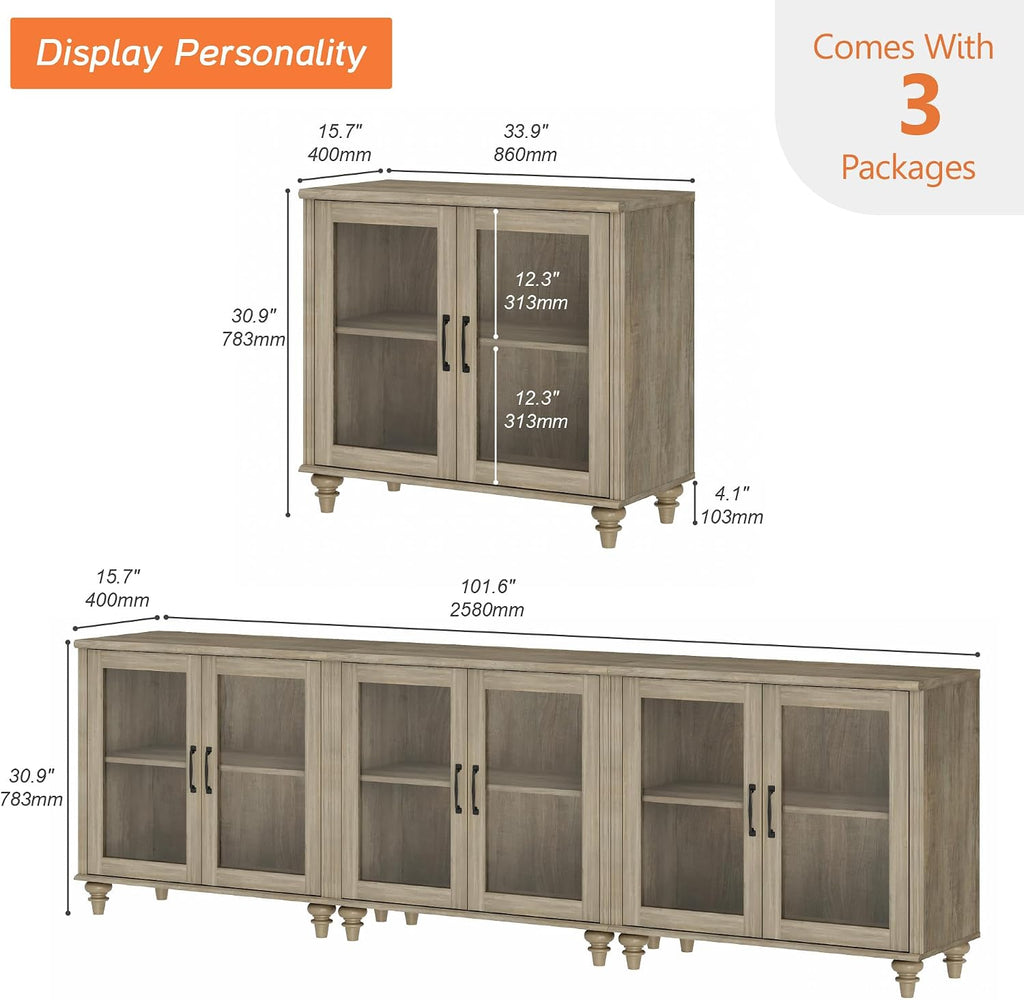 WAMPAT 100 Inch TV Stand with Glass Door, Wood TV Cabinet Entertainment Center for 75/80/85 Inch TV, 3-in-1 Kitchen Buffet Cabinet with 6 Storage Cabinets for Dining Room & Living Room, Wash Grey
