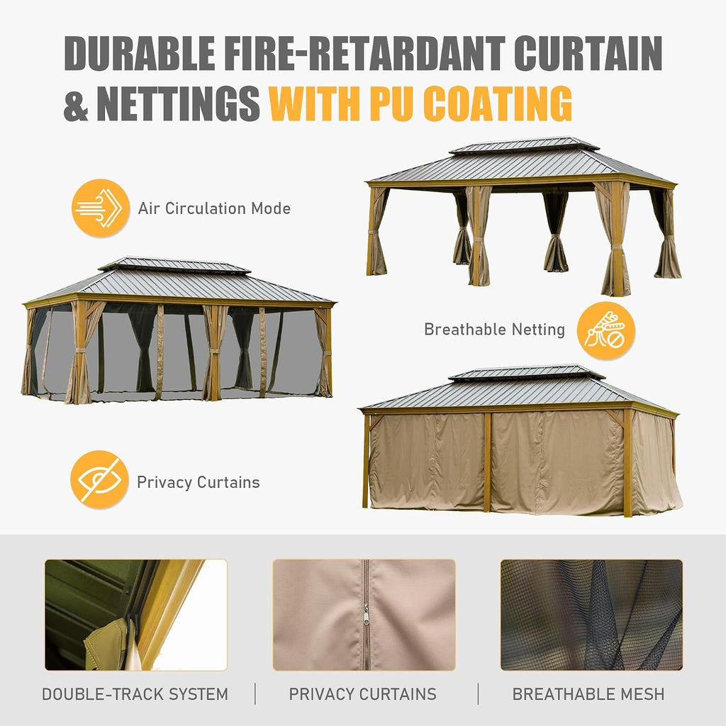 GOWE 14x20FT Hardtop Gazebo, Permanent Metal Gazebo with Galvanized Steel Double Roof and Aluminum Frame, Curtain and Netting, Large Pavilion Gazebo, Wood Looking