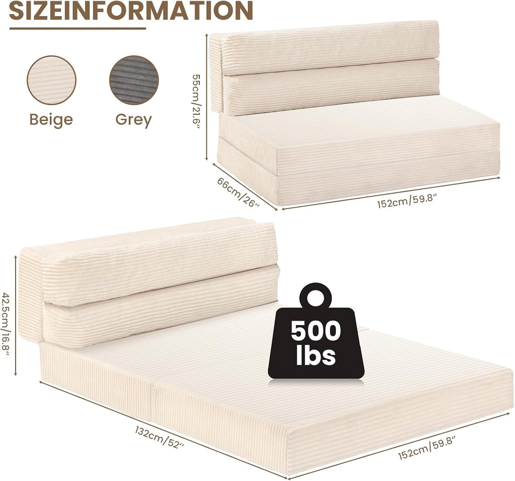 JUIKURY Folding Sofa Bed, Convertible Sleeper Chair with Pilow Foldable Matress, 2 in 1 Pull Out Loveseat Sofa Portable Fold Out Chair Bed Floor Couch Lounge for Living Room Bedroom (Beige, Queen)