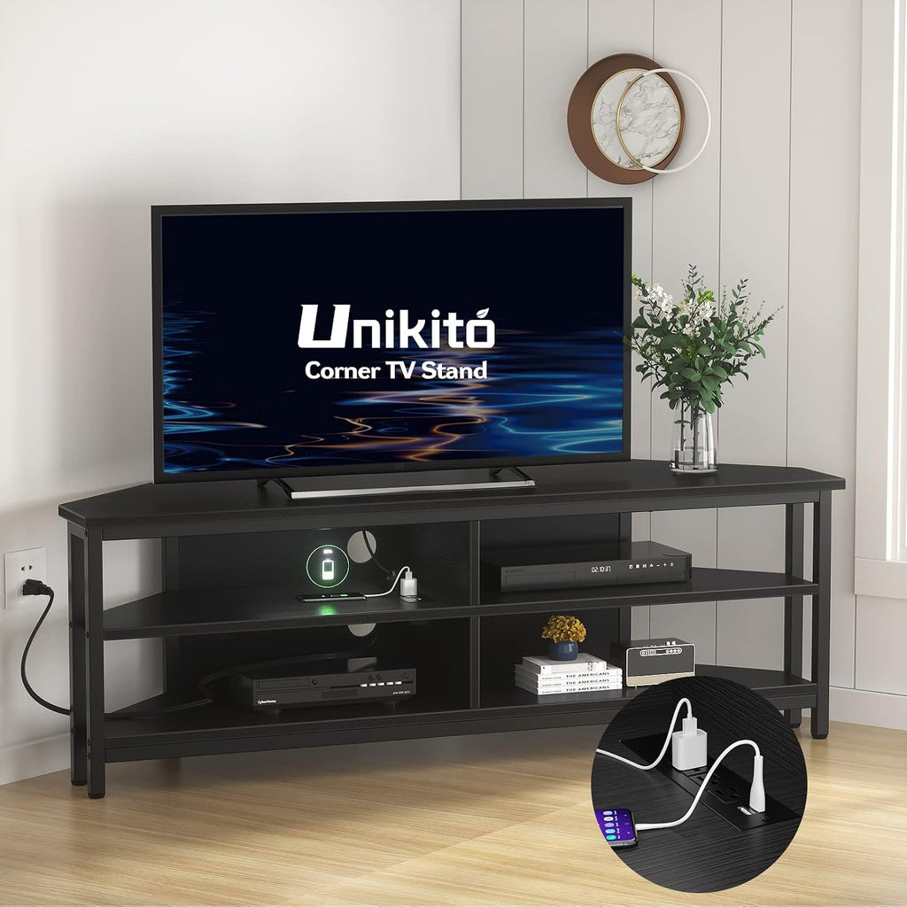 Unikito Corner TV Stand With Power Outlet, Corner Entertainment Center Corner TV Table With 4 Open Storage Corner TV Cabinet Wood TV Stand For Living Room,Bedroom Corner TV Stand For 55 inch TV, Black