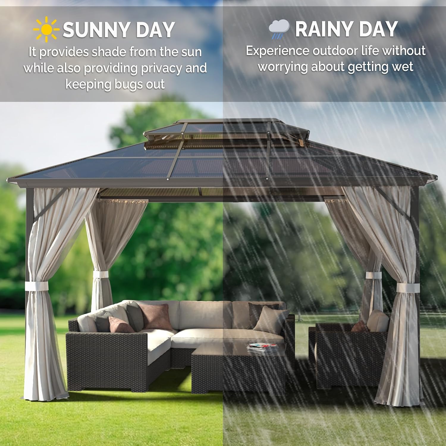 VINGLI 10'x13' Hardtop Gazebo, Aluminum Frame Permanent Pavilion with Curtains and Netting, Outdoor Gazebo, Double Polycarbonate Roof Canopy, for Gardens, Patios, Lawns