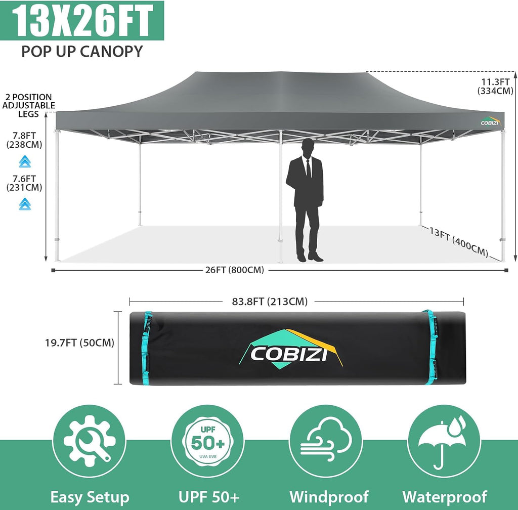 COBIZI 13x26 Heavy Duty Pop Up Canopy with 6 Sidewalls Party Tent Outdoor Wedding Large Event Tent with Roller Bag for Garden Lawn Waterproof UPF 50+ Easy Up, Gray (Framework Upgraded)
