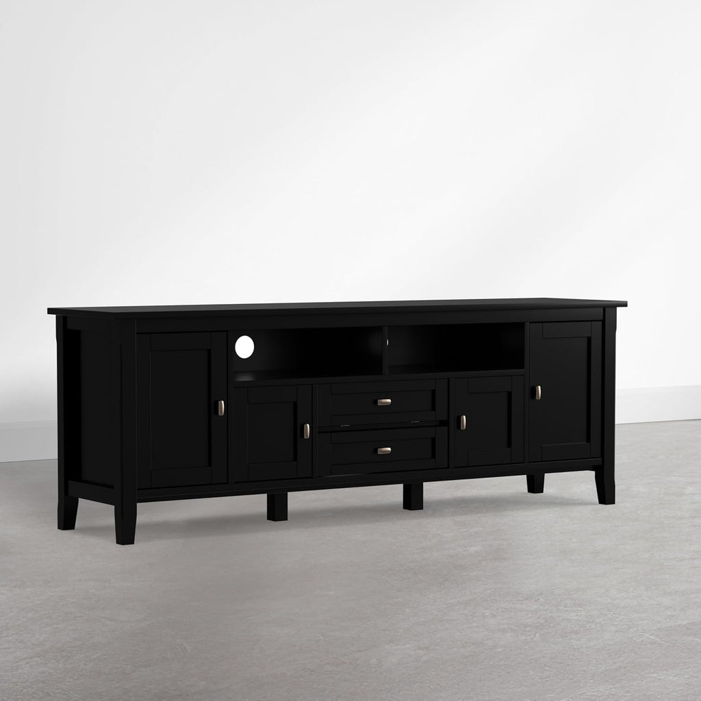 SIMPLIHOME Warm Shaker TV Stand - 72 inch Wide Solid Wood Media Console in Deep Black, Transitional Entertainment Center for Living Room for TVs up to 80 Inches with Cabinets and Cable Management