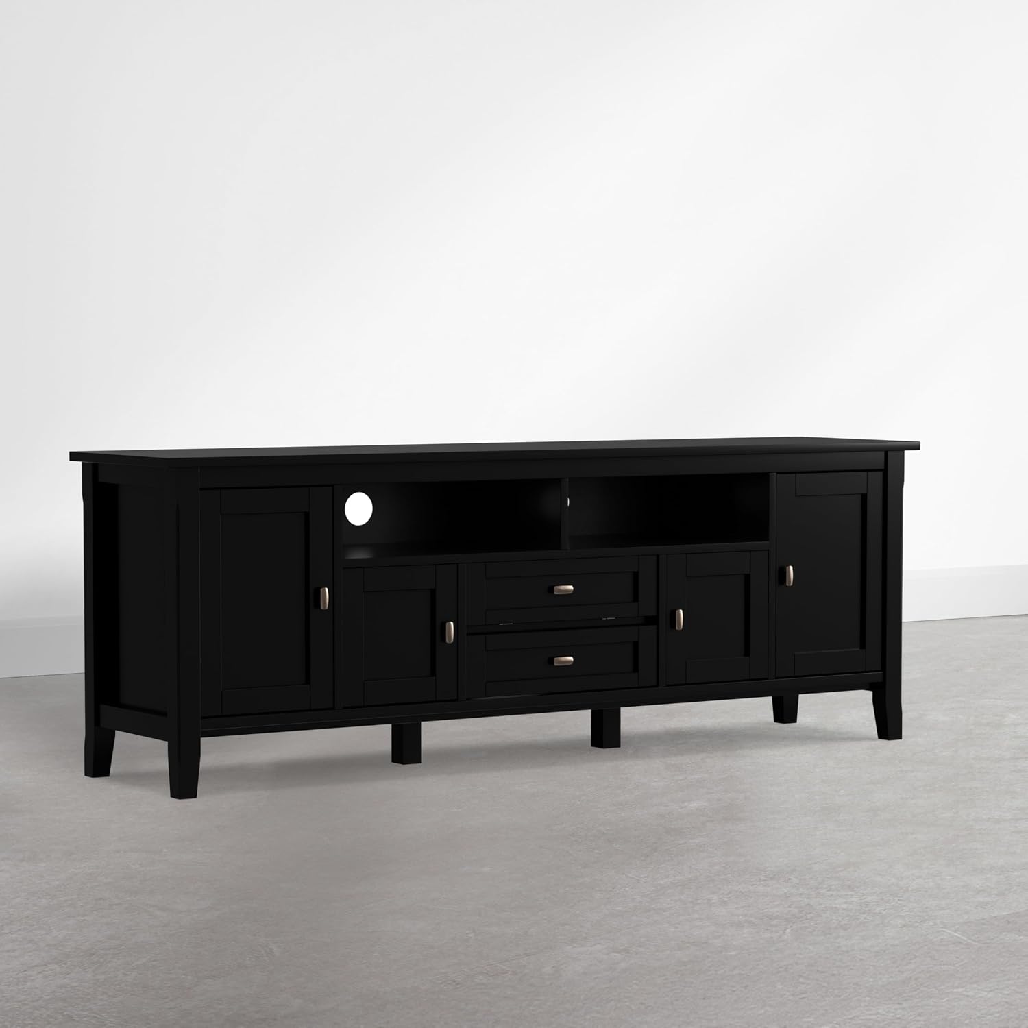 SIMPLIHOME Warm Shaker TV Stand - 72 inch Wide Solid Wood Media Console in Deep Black, Transitional Entertainment Center for Living Room for TVs up to 80 Inches with Cabinets and Cable Management