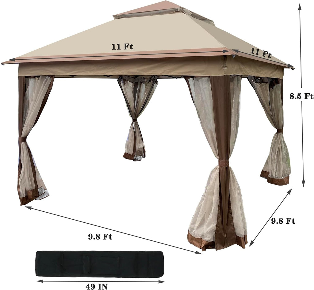 11x11 Ft Pop Up Gazebo with Removable Zipper Netting, Outdoor Gazebo Tent with Double Roof & Height Adjustable Leg, Easy Up Canopy Tent with Carry Bag for Backyard, Deck, Patio Shade (Beige)