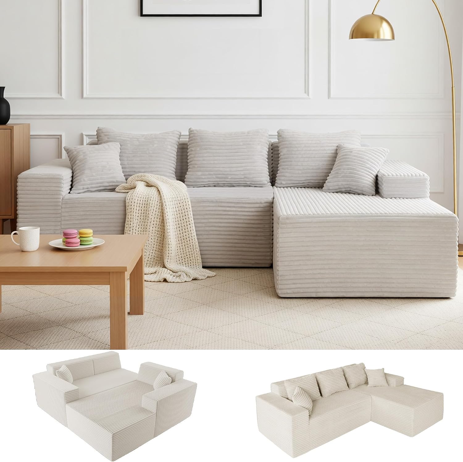 Claiks 104' Boneless Couch, Cloud Couch Sectional, L-Shape Corduroy Modular Sectional Sofa Deep Seat, Upholstered Couches for Living Room, No Assembly Required, Beige, Right Facing Chaise