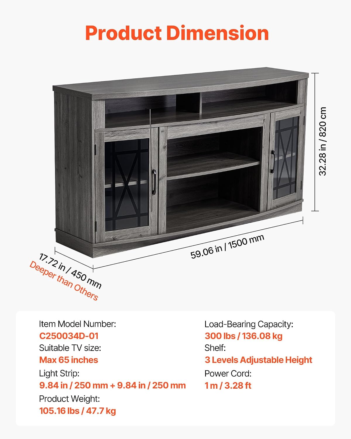 VEVOR Farmhouse TV Stand for 65 inch TVs, LED Entertainment Center with Glass Doors, Rustic Wood TV Cabinet with Adjustable Storage Shelves, Media Console for Living Room, Bedroom, Gray