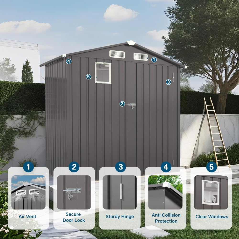 6X3.5 FT Metal Storage Shed Outdoor Tool Shed with Window, Lockable Door & Vents, Waterproof Backyard Garden Storage for Tools, Bikes, Sundries, Patio (Gray)