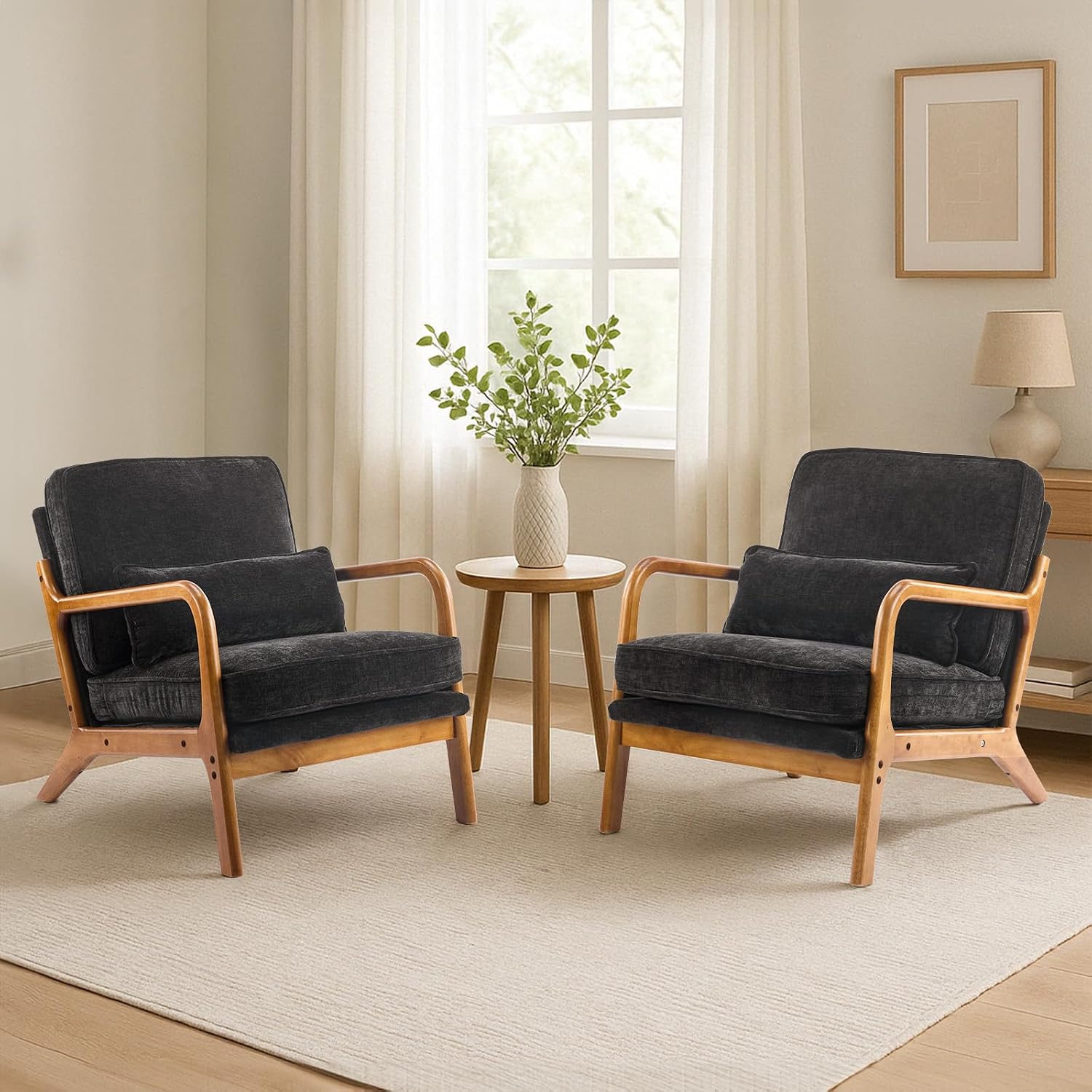 Karl home Mid Century Modern Accent Chair with Lumbar Pillow & Oak Arms – Plush Chenille Living Room Chair for Bedroom, Lounge (Black)