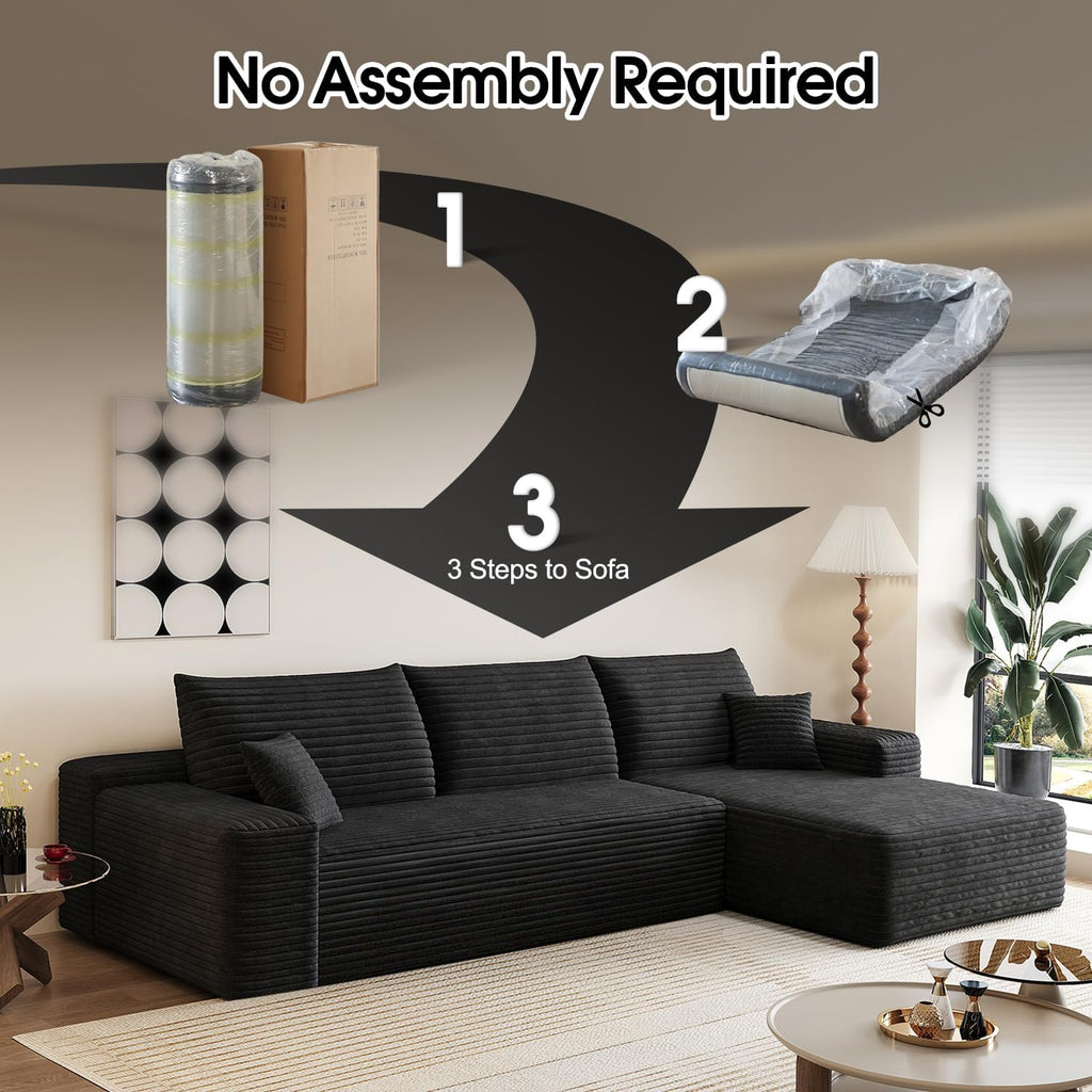 107.5' L-Shaped Sectional Modern Boneless Corduroy Couch with Chaise-No Assembly Required! Deep-Seat, Upholstered Modular Cloud Sofa for Living Room, Plush Corduroy Fabric (Black,Right Facing Chaise)