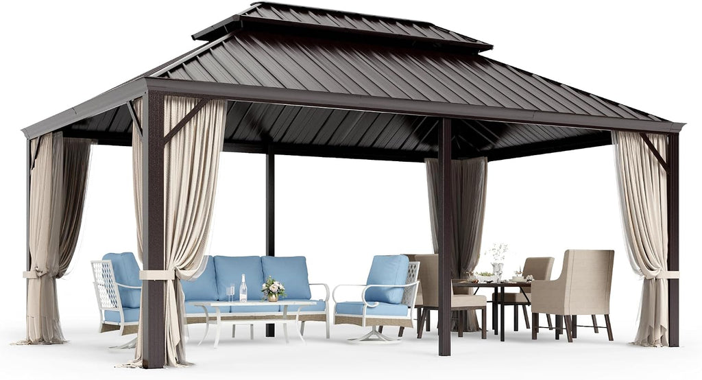 12'x18' Hardtop Aluminum Gazebo, Permanent Outdoor Canopy with Galvanized Steel Double Roof Heavy Duty Pavilion with Curtains and Netting for Garden Patio Lawn Deck