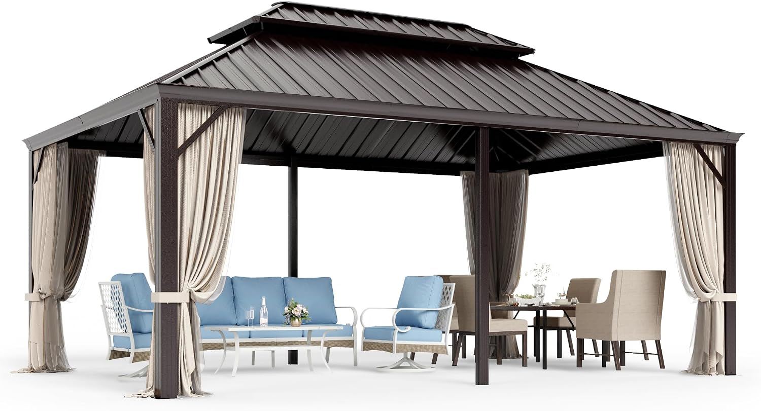 12'x18' Hardtop Aluminum Gazebo, Permanent Outdoor Canopy with Galvanized Steel Double Roof Heavy Duty Pavilion with Curtains and Netting for Garden Patio Lawn Deck