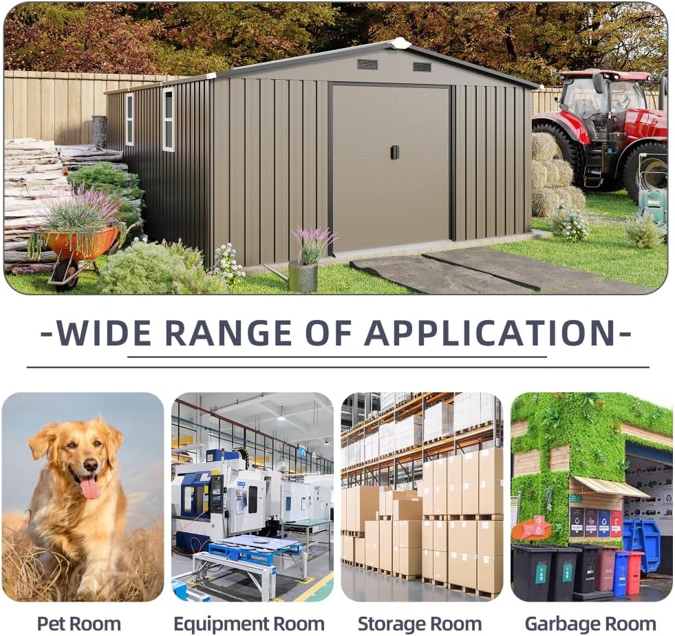 10x12 FT Outdoor Storage Shed with Windows, Brown Color Steel Metal Garden Shed with Protective Film, 0.25mm Roof & Wall Panels, Gift Tool Kit Included