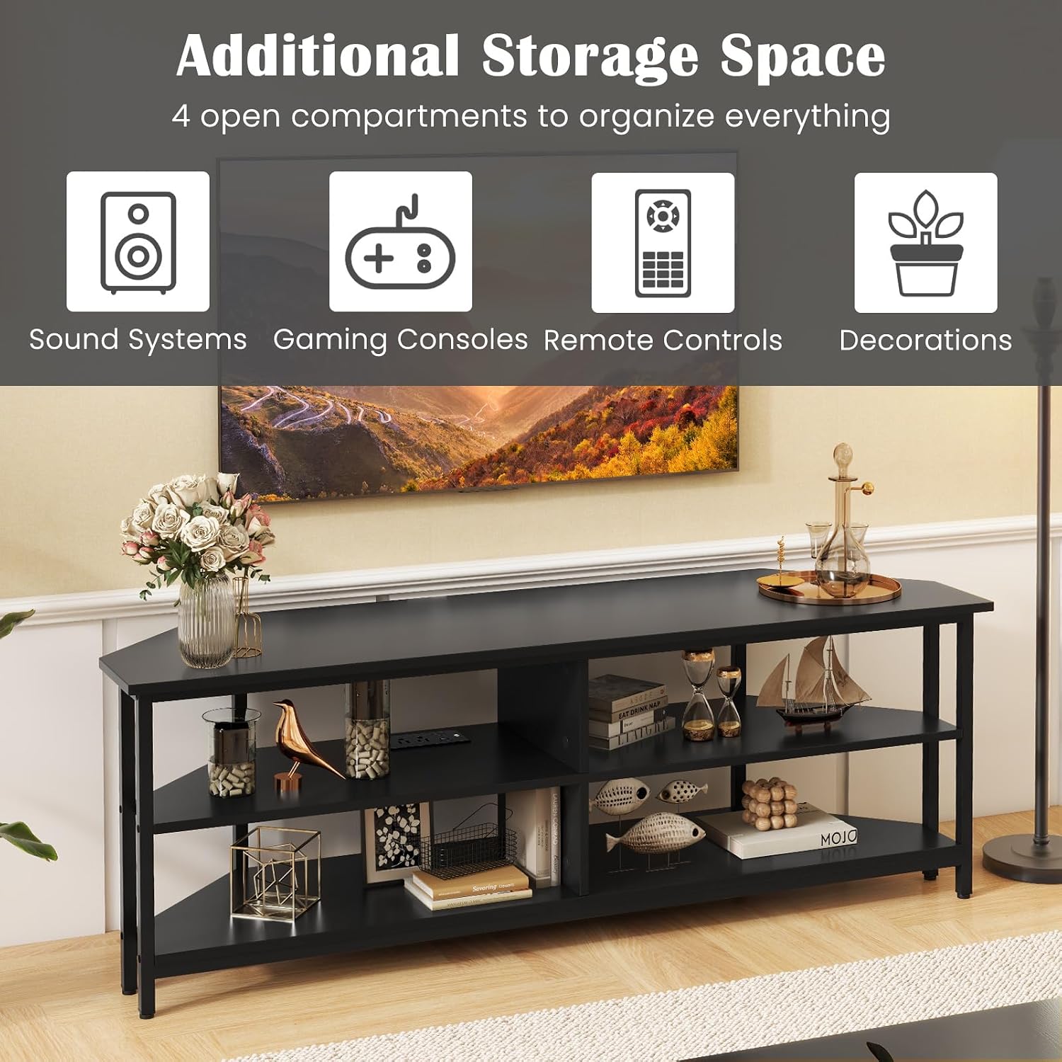 Tangkula Corner TV Stand for TVs up to 65', TV Console Table with 2 AC Outlets, USB A Port, USB C Port, Metal Frame & Storage Shelves, 55' Media Entertainment Center for Living Room